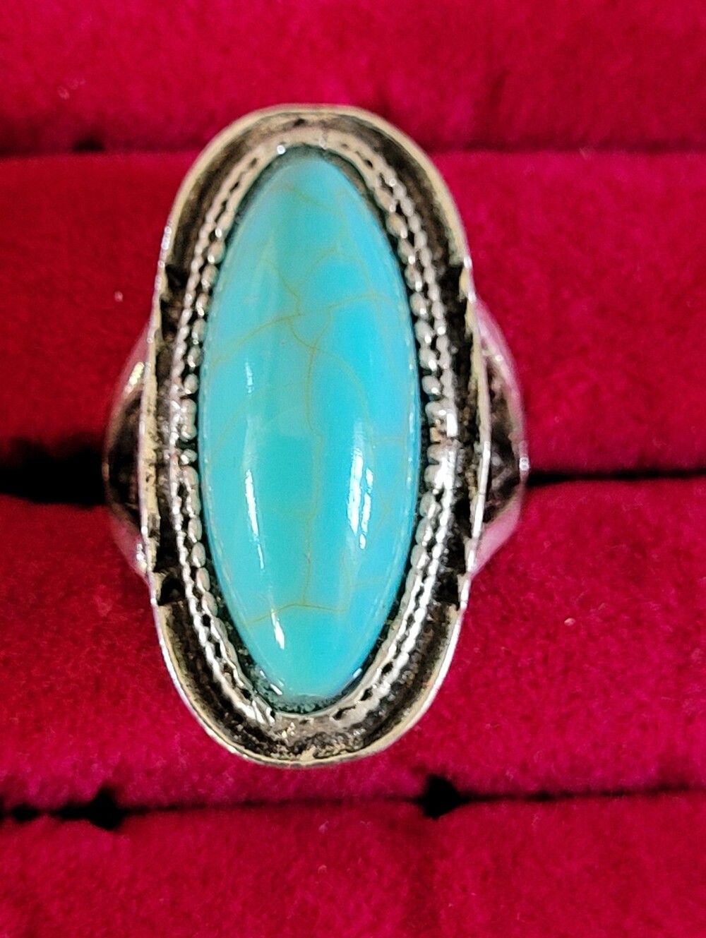 Silver Tone Turquoise Oval Cabochon Bezel Statement Ring - Size 6